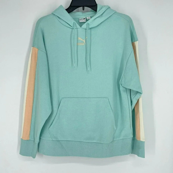 Puma Sweatshirt Womens S Teal Drawstring Stretch Pullover Kangaroo Pocket Hoodie - Picture 1 of 10